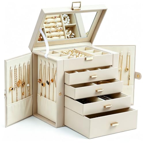 BOOVO Large Jewelry Box for Women, 5 Layer Jewelry Organizer(Pearl White) | 5 La...