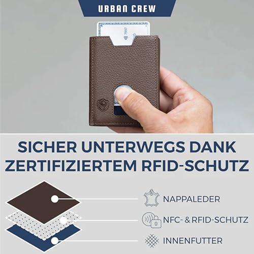 Image of URBAN CREW Smart Slim Wallet for Men - RFID Blocking Leather Card Holder with Swipe-Up Slot & Elastic Strap - Minimalist Front Pocket Wallet (Brown)