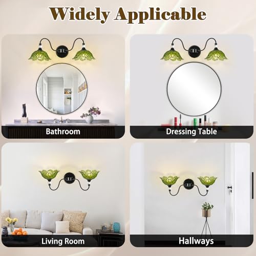 Image of Black Bathroom Vanity Light, 2-Light Vanity Light with Floral Green Glass Shades,Vintage Farmhouse Wall Mount Lighting for Bathroom, Dressing Table