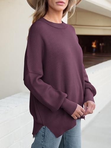 Image of ANRABESS Women Oversized Sweaters Batwing Long Sleeve 2026 Fall Outfits Crewneck Casual Knit Side Slit Fashion Pullover Top
