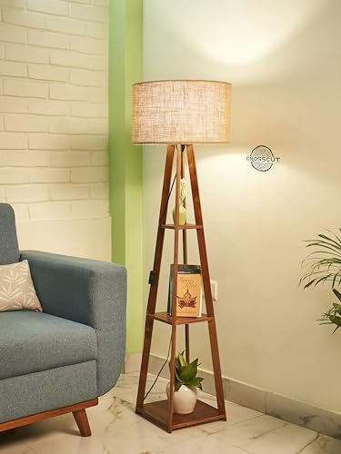 Crosscut Furniture Wooden Floor Lamp with Shelf (Natural Jute). L...