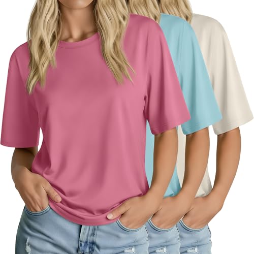Huukeay 3 Pack Women's Half Sleeve T-Shirts, Crew Neck Elbow