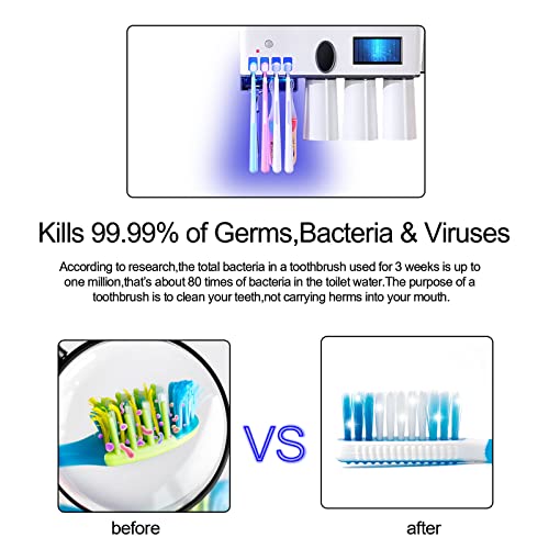 Bathroom Uv Toothbrush Holder Set Wall Mounted,Usb Rechargeable Electric Toothbrush Cleaner Sanitizer Organizer With Toothpaste Dispenser,4 Suction Mugs Cups,Storage Rack,Sterilization Function,White #TOP3