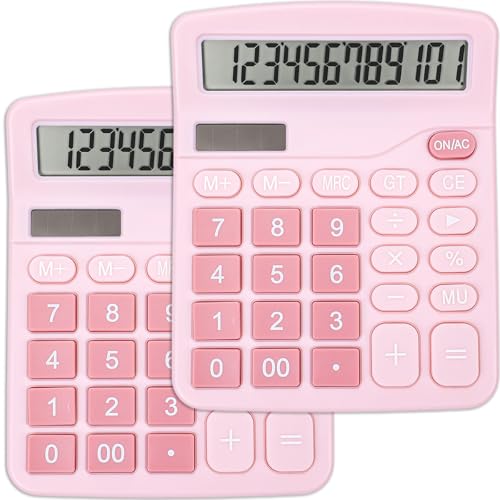 Image of 2 Pack Calculator, Pink Calculators Desktop 12 Digits with Large LCD Display and Sensitive Butto, Solar and Battery Dual Power, Desk Calculator