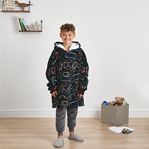 Dreamscene Gaming Oversized Hoodie Blanket, Gifts for Boys Sweatshirt Soft Sherpa Fleece Throw Cosy Wearable Hooded Blanket Big Jumper - Black, One Size Fits All - Kids