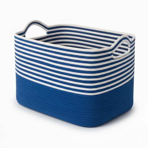 Image of Large Storage Basket, Woven Blanket Basket, Toy Basket with Handle, Laundry Hamper for Living Room, Nursery, Bedroom- 20x15x12 (LXWXH) (blue mix)