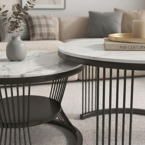 Image of Nesting Coffee Table, 20 inch Round Coffee Table Set of 2, Wooden Nesting Table with Metal Frame, Center Tables for Living Room Bedroom Balcony Bedside Table Blak White
