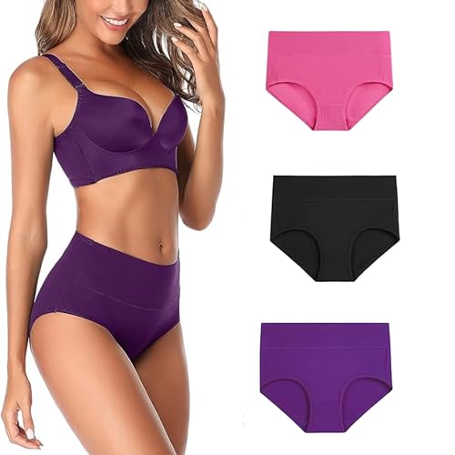Image of GLAMORAS Women's Cotton High Waist Full Coverage Panty Set, Size M-XXL (Pack of 3 Panty) | High Rise Seamless Brief Panties for Women | Cotton Soft Tummy Support Underwear Panties for Women Combo Set