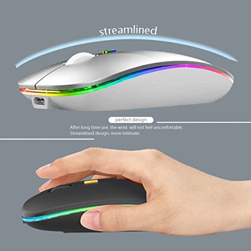 Image of WREANU Wireless Bluetooth Mouse, Rechargeable Laptop Mice, Silver | LED Lights, Dual Mode(BT5.2 & 2.4G Portable USB Receiver) Silent Slim Computer Mouse for Laptop /iPad /Tablet /Computer /Mac