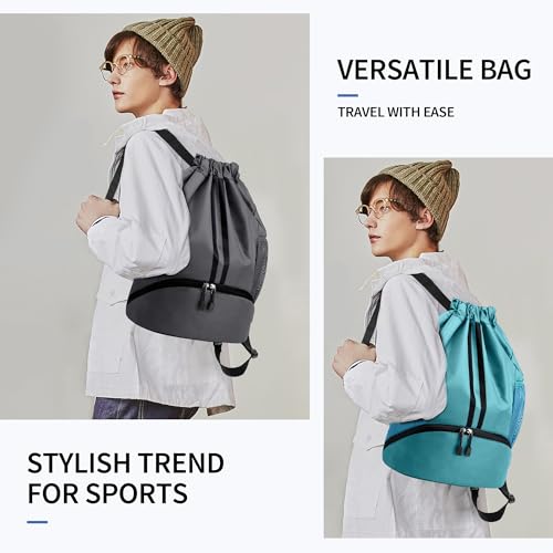 Image of JELUTAR Drawstring Backpack Gym Bag with Shoes Compartment, Teal