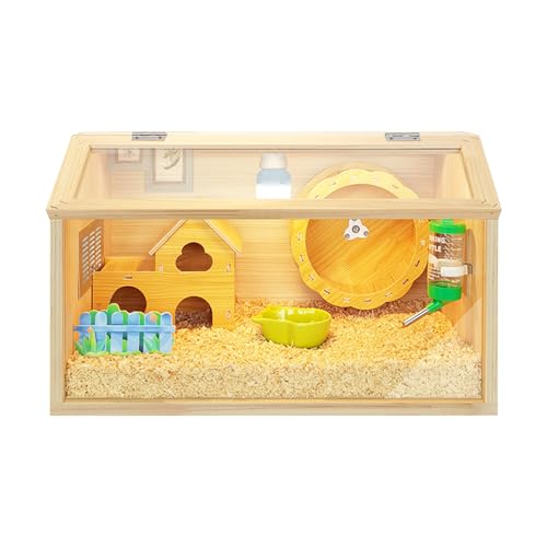 ハムスターケージ 木製 小動物ペット用のパノラマ透明ハリネズミ ケージ、(50x30x30CM)、前面透明パネルが全開で掃除しやすい 、通気口付き,ハムスター、リス、モルモット、ウサギ、ヘビ、カメレオン、トカゲ、ハリネズミに適しています-二階建ての別荘