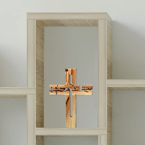 MaMeMi Croix Jésus en Olivier Fait Main Bethléem Croix Chrétienne Bois Inscription JESUS Décoration Religieuse Cadeau Communion