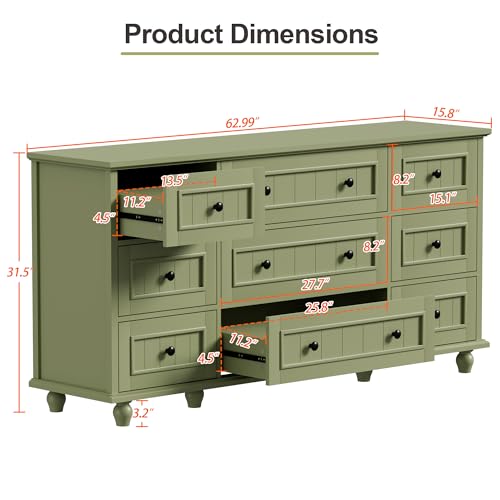 Image of Scurrty Green 9 Drawer Dresser, Large Chest of Drawers for Closet Storage | Large Capacity, Farmhouse Dresser for Closet, Wood Storage Cabinet, Antique Roman Column Legs, Painted Finish, Easy Assembly