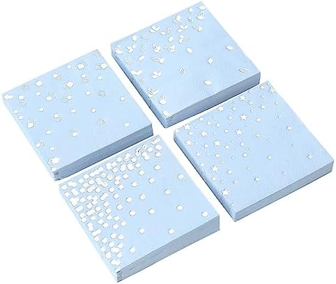 100 PK Pastel Blue Napkins Disposable - 4 Assorted Designs - 3-Ply Light Dusty Blue Cocktail Napkins Folded 5x5 Inches Bar Napkins Party Napkins Paper Napkins beverage Napkins Birthday Baby Shower
