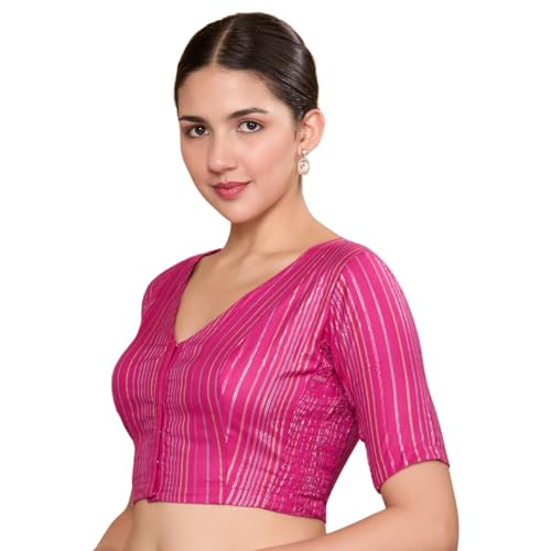 Image of Studio Shringaar Women Cotton Handloom Striped Readymade Elbow Length Sleeve Saree Blouse with Stretchable Sides