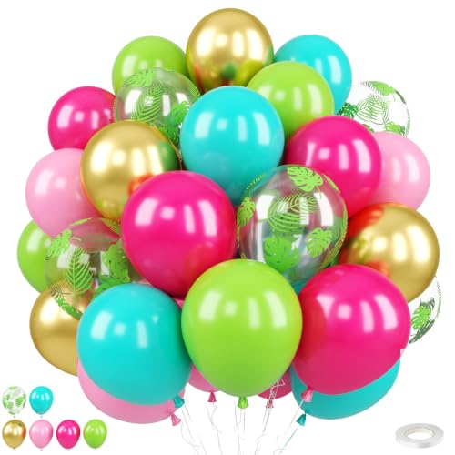 Image of Tropical Balloons, 50Pcs 12 Inch Pink Green Teal Gold Printed Latex