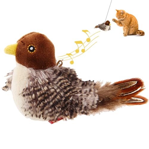 GiGwi Interactive Cat Toys Squeaky, Stimulated Chirping Bird Toy Making Noise,Automatic Chirp Bird Cat Toy with Feather Tail, Melody Chaser Play and Squeak Kitten Toy for Boredom