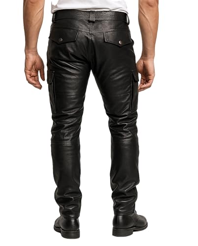 Mens Black Multi Pockets Genuine Leather Biker Pants/Biker Hose & Cargo Pockets Trousers2