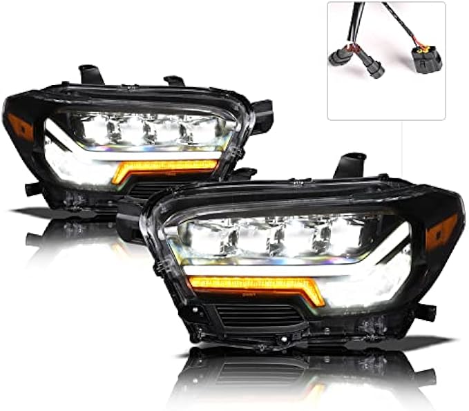 Alpha Owls 8711309 Quad-Pro Series Full LED Projector Headlights With White LED Light Bar & Sequential Signal - Black Amber Fits 2016-2022 Toyota Tacoma Factory LED DRL (Daytime Running Lights)