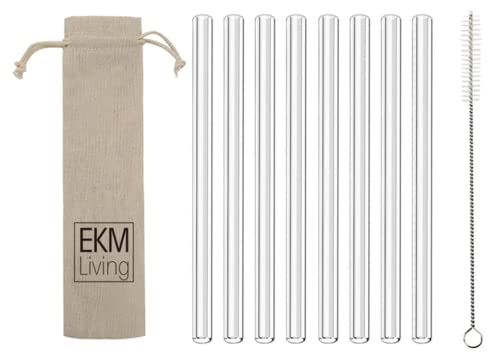 EKM Living Juego de 8 pajitas de cristal largas, resistentes a la rotura, reutilizables, aptas para lavavajillas, sin plástico (vidrio largo, 8)