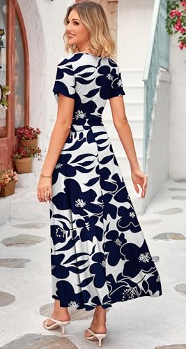 Image of WNEEDU Women's Summer Maxi Dress Short Sleeves Wrap V Neck Long Dresses with Pockets
