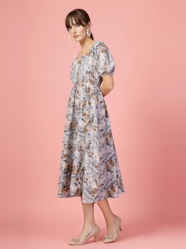 Image of OOMPH! Below Knee Shift Pink Dress in Crepe Fabric with Round Neck and Puff Sleeves - md619l