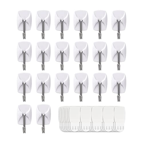 20 Hooks+40-Strips, White, Small Wire Toggle Hooks Value Pack, Organize Damage-Free Utility Hooks, Hanging Hooks Heavy Duty with Adhesive Strips, No Tools Wall Hooks for Hanging, Without Nails