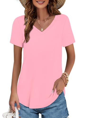 Image of Elesomo Womens T Shirts V Neck Summer Short /Long Sleeve Cotton Tops Tees