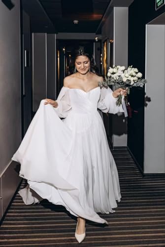 Ternlm Boho Wedding Dress Off Shoulder Chiffon Puffy Long Sleeves Formal Prom Evening Gowns with Pockets TN0034