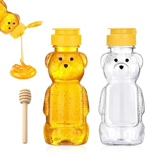 KHDULQ 2 Piezas 250Ml Oso Dispensador de Miel,Dispensador de Miel Antigoteo Tarro Mielera Lindo Tarro de Mermelada Transparente Honey Estrusione Mini Frascos con Diseño Tapa con Bisagras