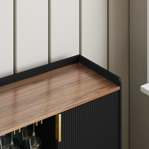 Image of ARTPOWER 48 inch Wine Bar Cabinet with Fluted Texture, Modern Buffet Sideboard with Wine Rack and Glass Holder, Liquor Coffee Station with Storage for Kitchen, Living Room, Home Bar, Black