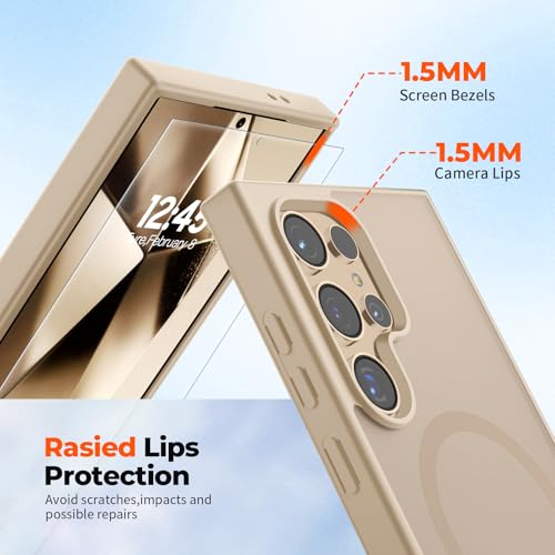 Image of SUPFINE Magnetic for Samsung Galaxy S24 Ultra Case with Screen Protector, (Built-in Magnets) (Military Grade Drop Protection) Slim Translucent Shockproof Phone Case,Pink Gold