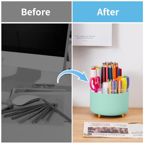 Image of Marbrasse Desk Organizer, 360-Degree Rotating Pen Holder, Desk Organizers and Accessories with 5 Compartments Pencil Holder, Art Supply Storage Box Caddy for Office, Home (Mint Green)