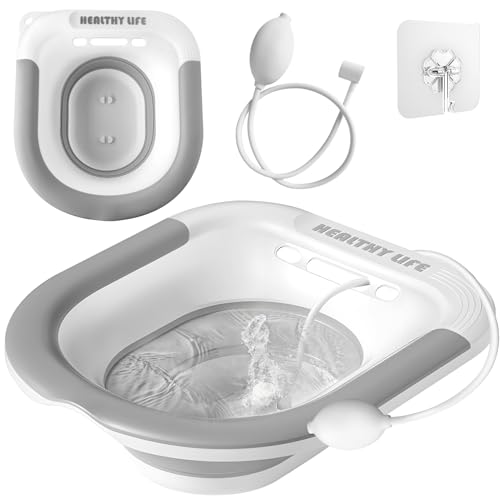 Image of Fabulas Sitz Bath for Toilet, Sitz Bath for Hemorrhoids, Toilet Seat, Postpartum Care, Perineal Soaking, Women, Portable Collapsible Universal Fit Sitz Bath Kit with Flusher Hose and Drain Holes