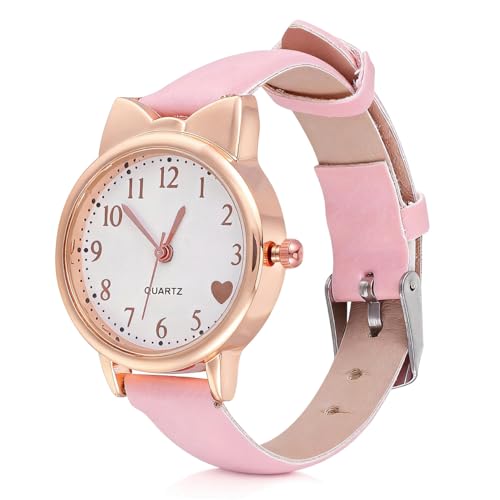 UKCOCO Montre Bracelet pour Filles : Cadran en Forme de Chat Mignon avec Bracelet en Cuir Souple pour étudiantes 11-15 Filles Rose, Rose, 21.5X3CM, Bracelet