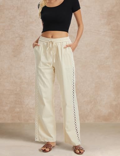 Demoking Womens Linen Pants Wide Leg Casual Palazzo Drawstring Cotton Beach Vacation Clothes for Women Hollow Side Apricot M — view 3