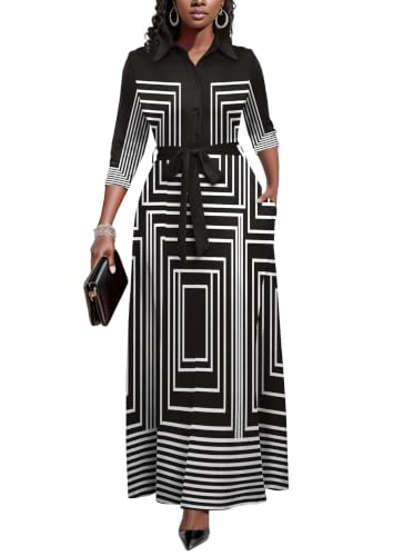 Image of Rumwind Maxi Dresses for Women, 3 /4 Sleeve Shirt Collar Casual Afircan Print Church Dress Button Down with Belt and Pockets