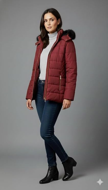 Image of Automan Women's Winter Puffer Jacket with Hood, Full Sleeve, Quilted, Zipper Closure for Cold Weather