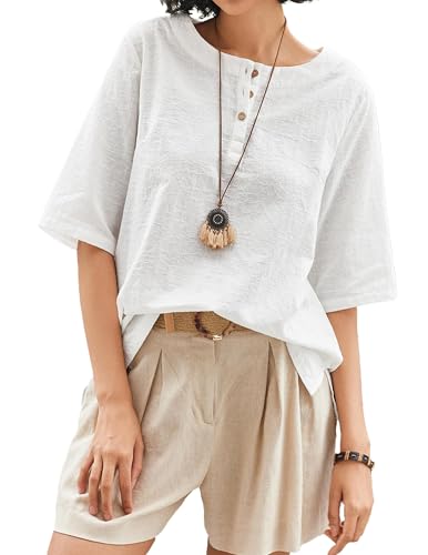 Linen Tops for Women 3/4 Sleeve Crew Neck Cotton Shirts Casual Jacquard Boho Blouse