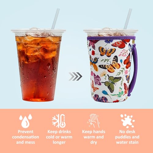 Image of KJQJLY 3 Pack Reusable Iced Coffee Sleeves for Iced Coffee Cups or Drinks Reusable Neoprene Insulated Sleeves for Hot and Cold Drinks from Starbucks, Dunkin, And More (White butterfly)