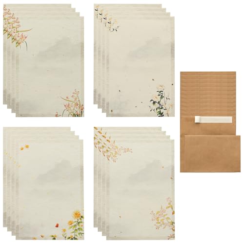 Floral Letter Writing Paper and Envelopes Set 32 Vintage Stationery Paper Sheets & 16 Kraft Peel & Seal Envelopes Printer Friendly Letter Writing Sets for Greeting Cards Party Invitations Gifts