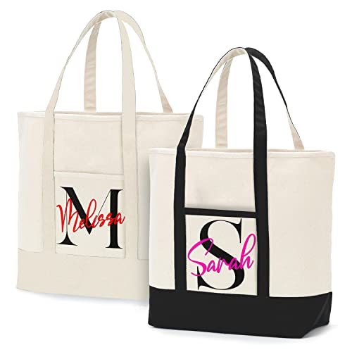 Personalized Initial Canvas Bags W/Name - 2 Bag Colors & 17 Vinyl Colors - Custom Shoulder Tote Bag Gifts - Customized Zippered Shopping Bag For Girls - Reusable Grocery Bags Woman Birthday Gift C1 #TOP10