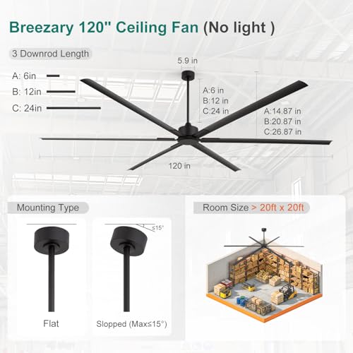 Breezary 120 Inch Ceiling Fan No Lights Extra Large HVLS 10ft Industrial Black Ceiling Fan without Light for High Ceiling Ultra-Quiet DC Motor 6 Aluminum Blades for Commercial Use Garage Warehouse Gym by Breezary - Used condition - Image 5