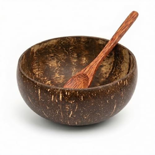 Image of Thenga Jumbo 900ML Artisan Coconut Shell Bowls & Spoon Set | Eco-Friendly Handmade Wooden Bowls for Smoothie, Salad, Breakfast, Buddha Bowls & Meals | Set of 1 from Kerala