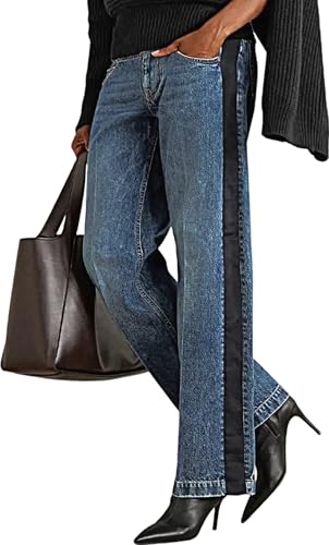 Huang's Women's High-Rise Wide Leg Jeans with Side Stripe, Medium Wash Denim, Black Stripe Detail