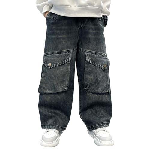 Boys Baggy Cargo Jeans Elastic Waist Casual Wide Leg Kids Boys Pull On Denim Pants with Flap Pocket 5-14 Years