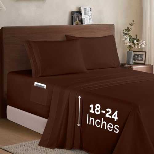 Image of Elegant Comfort Luxury 1500 Premium Hotel Quality Microfiber 4-Piece Sheet Set - Soft, All Around Elastic 18-24 Inches Deep Fitted Sheet - Extra Deep Pocket Sheets, California King, Chocolate Brown
