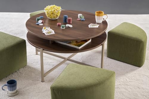 Image of FURLENCO Engineered Wood FOMO Nested Center Table with 4 Pouffs in Mushroom Beige, Space-Efficient Table Set for Living Room (Smoked Walnut - Small)