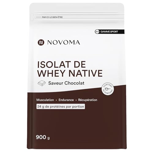 NOVOMA Whey Isolate Native, Protéine Pure Non Dénaturée, 24g de Protéines par Portion, Saveur Chocolat, Musculation et Récupération, 30 Portions, Sachet 900g, Fabriqué en France