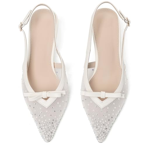 Image of Mattiventon White Kitten Heels with Bow Closed Toe Slingback Heels